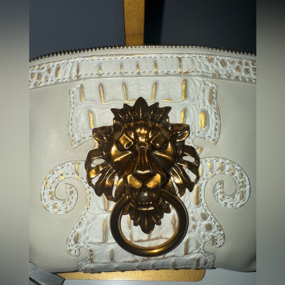 Sharif Cream Leather Clutch with Gold Lion Hardware - Picture 4 of 15